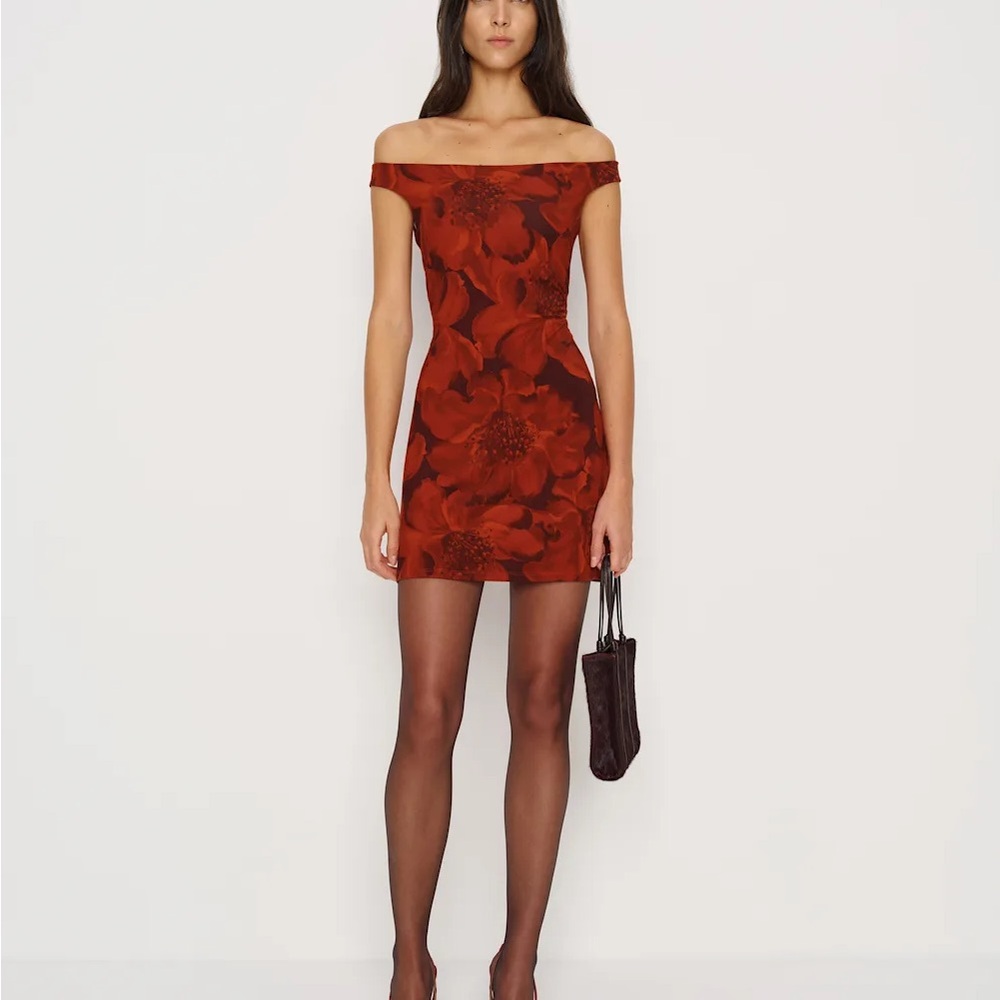 Reformation Lia knit Elegant Red Floral Off-Shoulder Dress